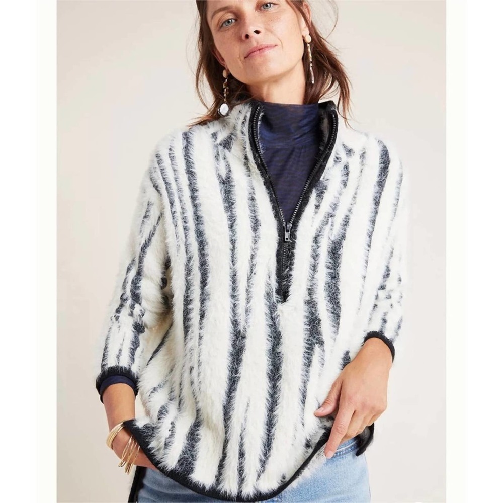 Anthropologie White and Black Striped Fuzzy Half-Zip Sweater